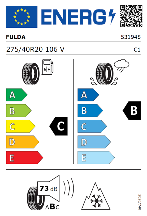 Tyre Label for Fulda Kristall Control SUV 275/40R20 106V